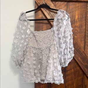 Elegant Floral Appliqué Blouse with Sheer Sleeves